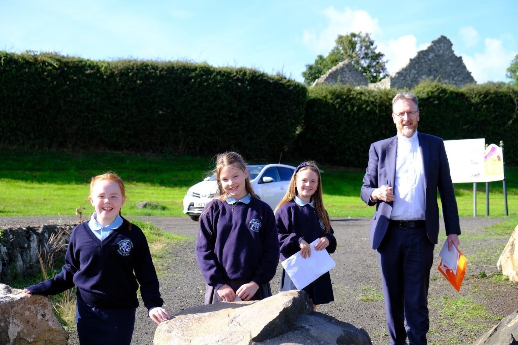 Moderator and school children at Lough Neagh